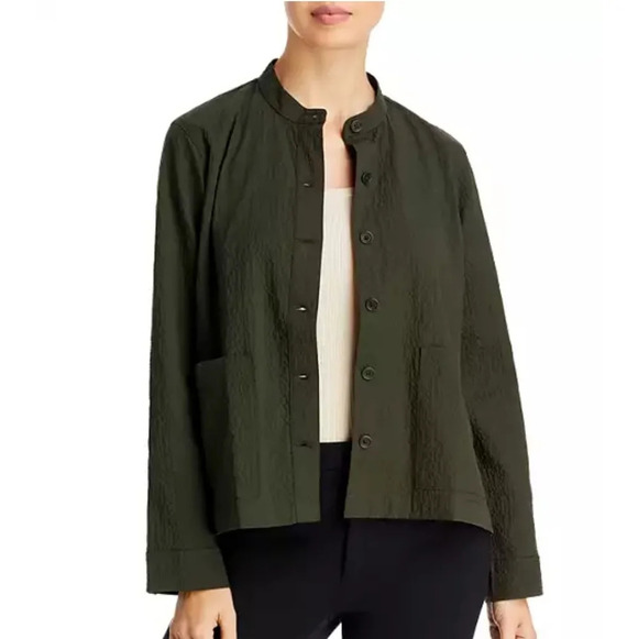 Eileen Fisher Organic Cotton Pucker Mandarin Collar Jacket Green Oversize XS - Picture 15 of 15